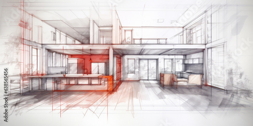 sketch drawing of live wire frame abstract house interior. 