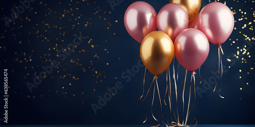 Party gold, pink and black balloons wth sparkles on black background