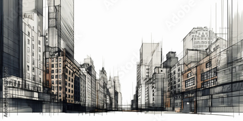 sketch drawing of live wire frame abstract exterior high skyscrapers. Generative AI