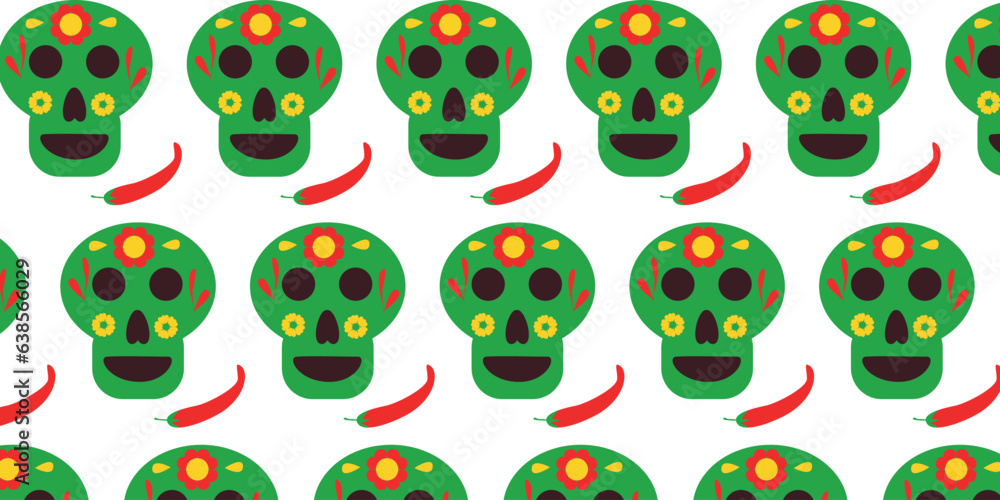 Fototapeta premium mexico pattern with sculls and chili, decoration