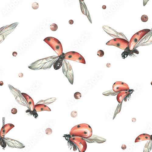 Red ladybugs with black dots flying with berries. watercolor illustration, hand drawn. Seamless pattern on a white background. © NATASHA-CHU