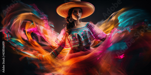 Fabulous Cinco de Mayo female dancer in vibrant neon dress.   photo