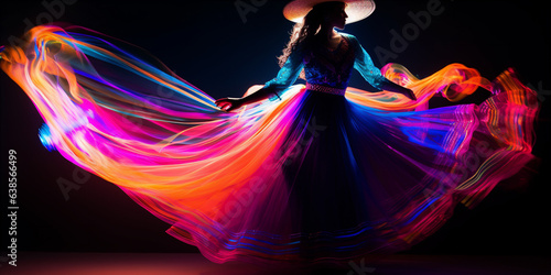 Fabulous Cinco de Mayo female dancer in vibrant neon dress.   photo