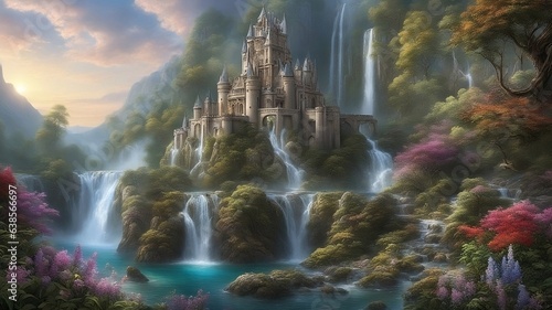 Castle on the hill with waterfall and river running through it  in the mountains