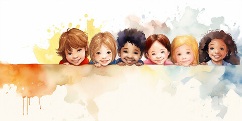 portrait of multiethnic group children in watercolor style.  