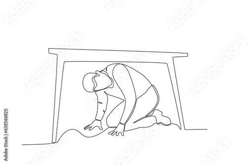 A man takes shelter from the rubble of a building. Earthquake one-line drawing photo