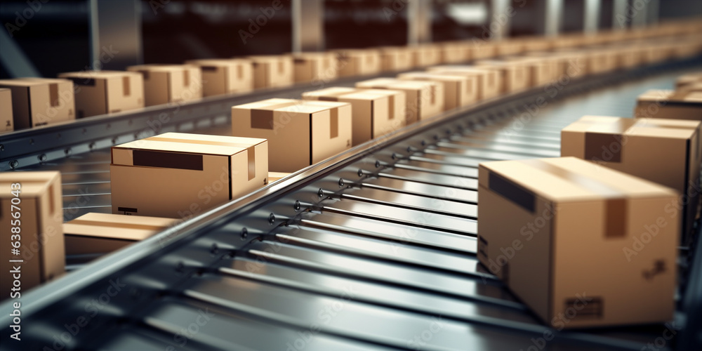 Top view of boxes moving on conveyor belt. Generative AI Top view of boxes moving on conveyor belt. Generative AI