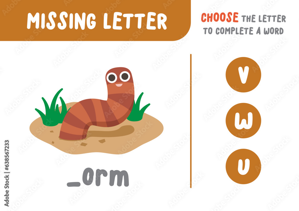 Missing letter (worm), the alphabet letter vocabulary game for kid. choose a letter to make the word. illustration cartoon vector design on white background. kid and study game concept.