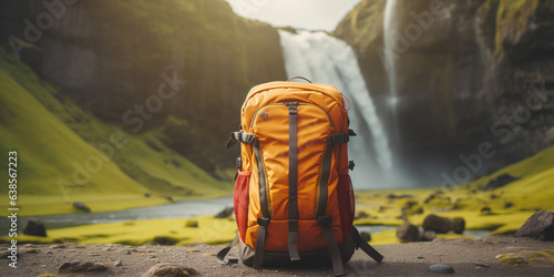 travel backpack on blurred amazing wild nature background. 