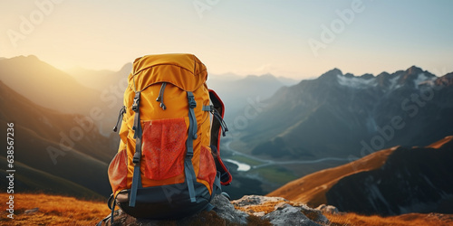 travel backpack on blurred amazing wild nature background. Generative AI