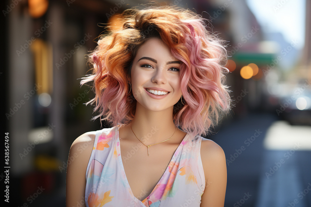Generative AI picture of young attractive woman in the city lights backdrop Generative AI picture of young attractive woman in the city lights backdrop