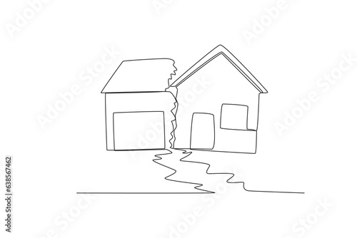 A house was partially destroyed. Earthquake one-line drawing photo