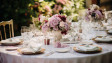 Bukiet kwiatów na nakrytym stole weselnym - przyjęcie weselne w ogrodzie. Złote krzesła i talerze. 