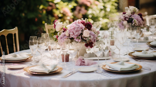 Bukiet kwiatów na nakrytym stole weselnym - przyjęcie weselne w ogrodzie. Złote krzesła i talerze. 