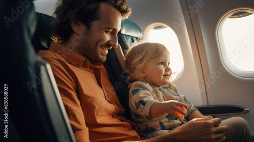 Generative AI, a family with a child flies on vacation on an airplane, traveling with children, air transport, parents and children, passenger seats, aircraft cabin, father and baby, kid, daughter