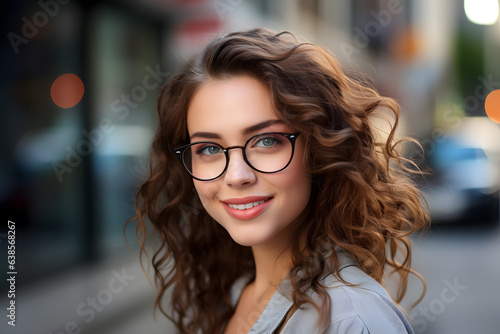 Pretty woman in eyeglasses smiling on the street