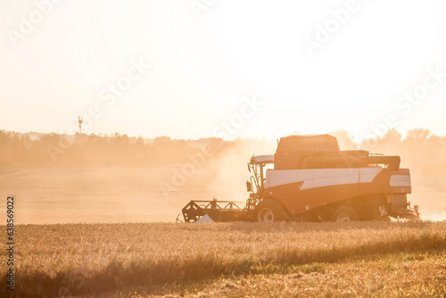 Agricultural machinery. Agricultural industry. The combine harvester removes  ears of ripe wheat against the background of a ripening field. The concept of planting and harvesting a rich harvest. 
