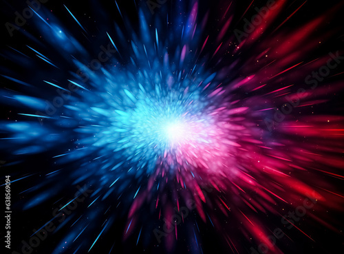 Blue, red and green burst background. Red and blue color burs moving at lightspeed in space. burst of rays of light with colors, speed, and motion. 