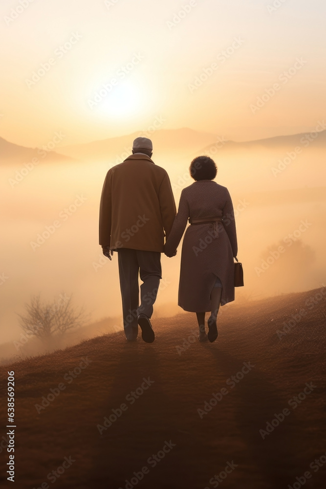 African american couple walking side by side.  sunset hill. back view, rear view, full view.