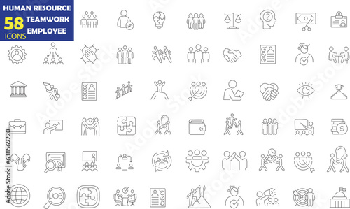 58 line icons related to human resources, teamwork, and employees,Management, Leadership, Collaboration. icons are ideal for HR presentations, team building activities, and employee training materials