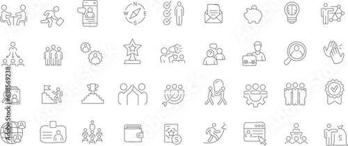 Human resources line icon sheet. Features icons related to human resources, teamwork, employee training and development, recruitment, and performance management photo