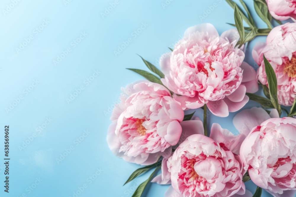 Pink peonies on blue background Generative AI. Pink peonies on blue background Generative AI.