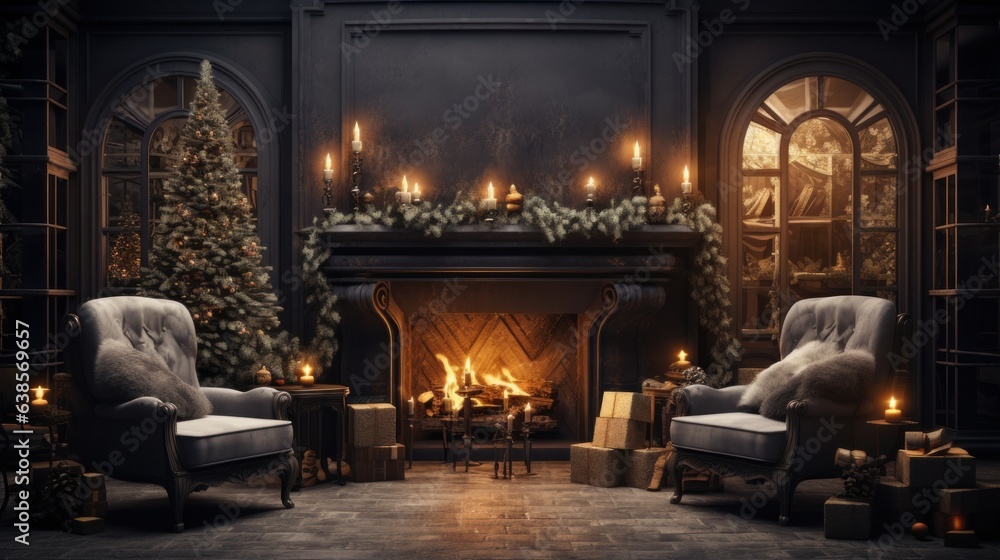 Interior of cozy classic living room with Christmas decoration. Blazing fireplace, garlands and candles, elegant Christmas tree, gift boxes, comfortable armchairs, bookshelves. Christmas fairy tale.