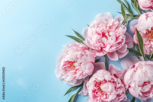 Pink peonies on blue background Generative AI.
