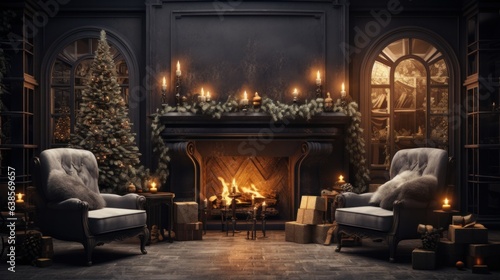 Interior of cozy classic living room with Christmas decoration. Blazing fireplace, garlands and candles, elegant Christmas tree, gift boxes, comfortable armchairs, bookshelves. Christmas fairy tale.