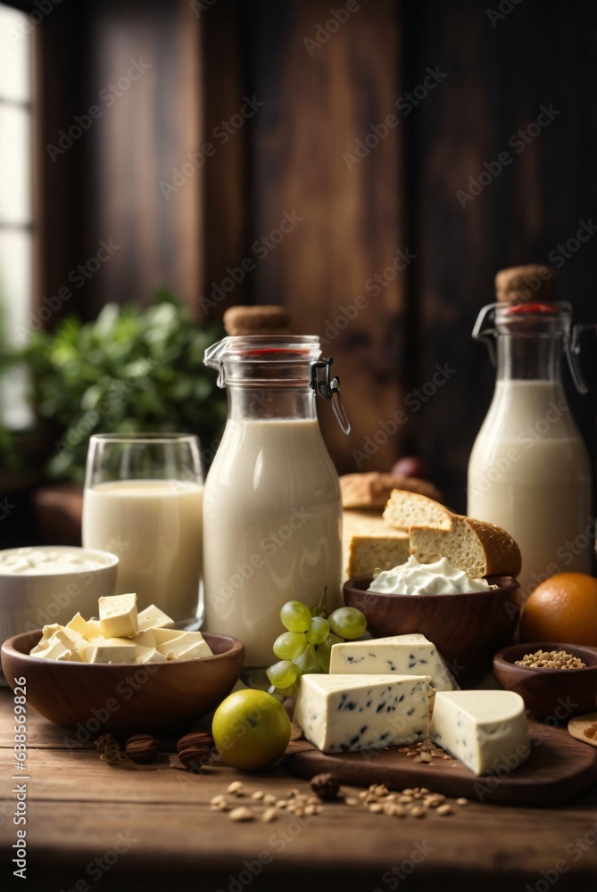 photo variety of dairy products on wooden table photo variety of dairy products on wooden table