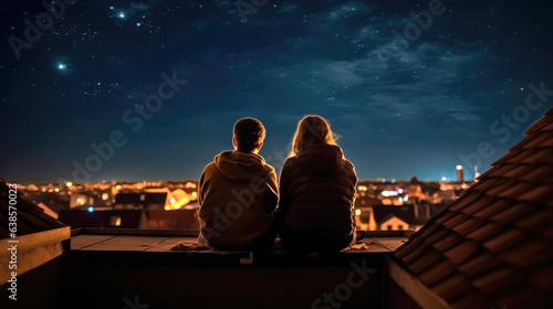 Romantic evening. Young man and woman sitting on the rooftop in the middle of the night and watching the stars. Generative AI