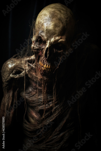 demon skeleton with spiderwebs and dark background. 