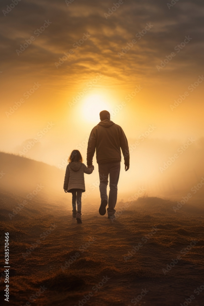 sunset background with a father and daughter walking. back view, rear view, full view. sunset background with a father and daughter walking. back view, rear view, full view.