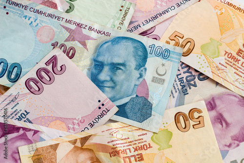 Paper, two hundred, fifty and one hundred Turkish liras were designed together, half view photo