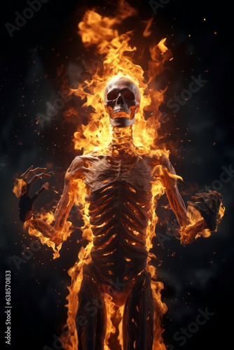 a burning skeleton. fire and smoke explosion. soul burning in hell.  photo