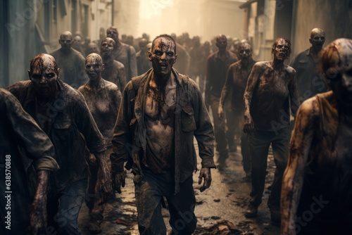 a group of zombies ready to attack. herd of bloody zombies. horror Halloween post apocalyptic concept.