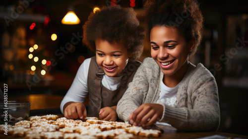 Black african american dark-skinned smiling mother and son making christmas cookies at home