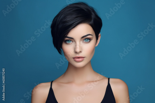 Generative AI picture portrait of young beautiful woman with short haircut styling