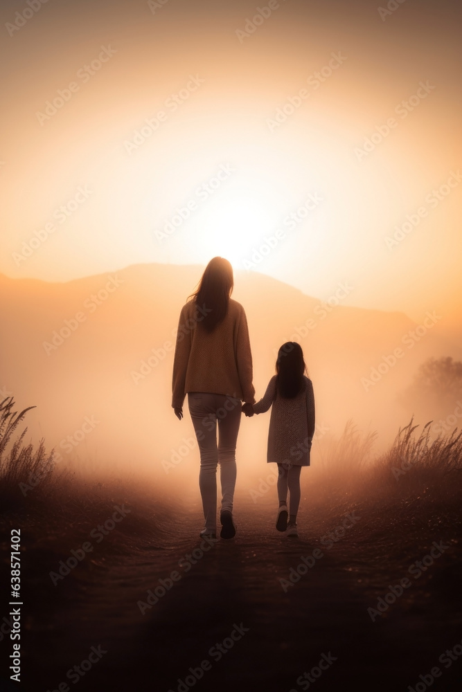mother and young girl walking way in a foggy early morning landscape. back view, rear view, full view.