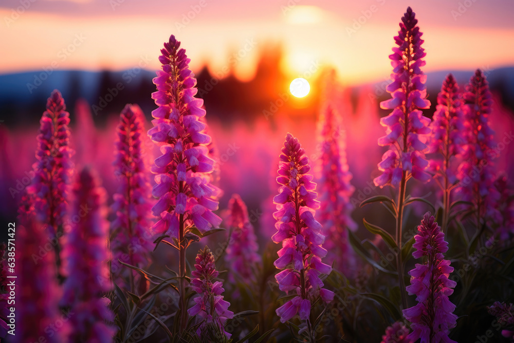 Fototapeta premium Vibrant Sunset Over a Field of Purple Wildflowers