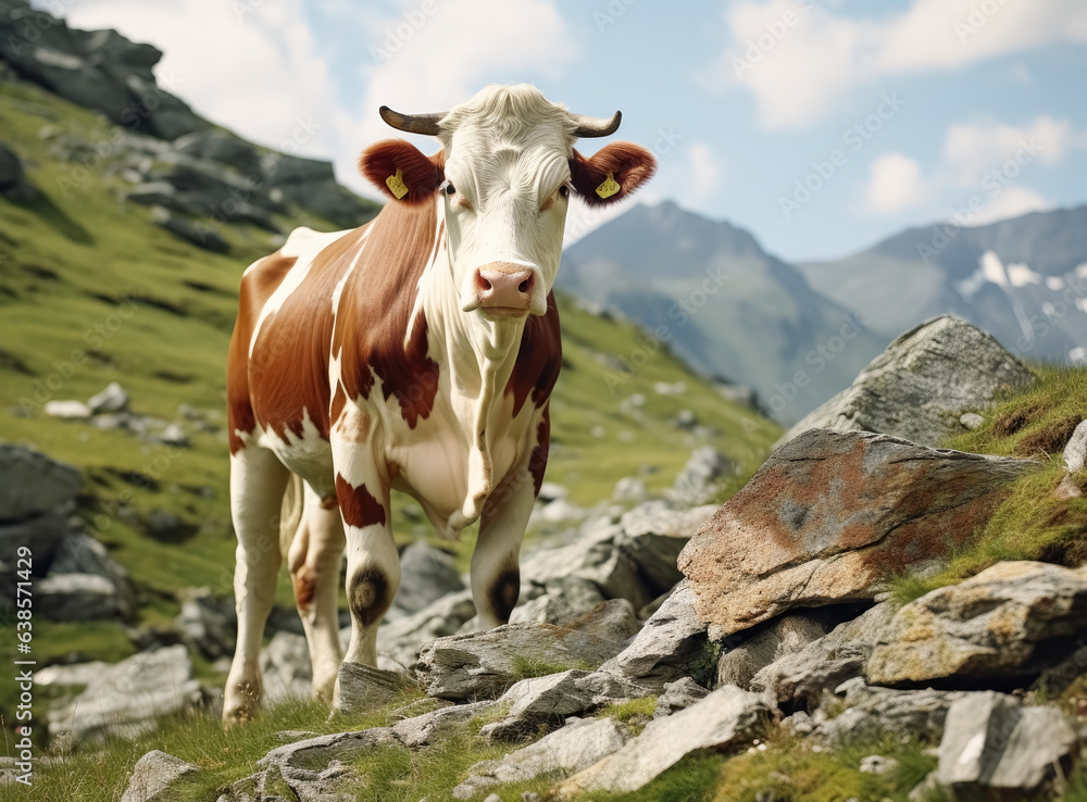 A brown and white cow grazing in a meadow with rocks. a cow standing alone in the grass, surrounded by rocks in the mountains. A brown and white cow grazing in a meadow with rocks. a cow standing alone in the grass, surrounded by rocks in the mountains.