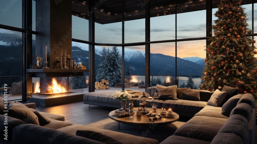 Interior of cozy living room in modern minimalist cottage with Christmas decoration. Blazing hearth, burning candles, elegant Christmas tree, comfortable sofa, panoramic window with mountains view.