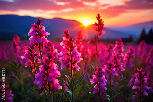 Floral Symphony: Deep Pink and Green Sunset Landscape