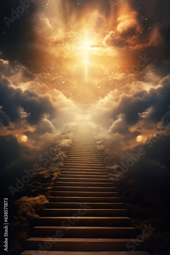 stairway to heaven. stairs leading to a glowing cross. salvation concept. photo