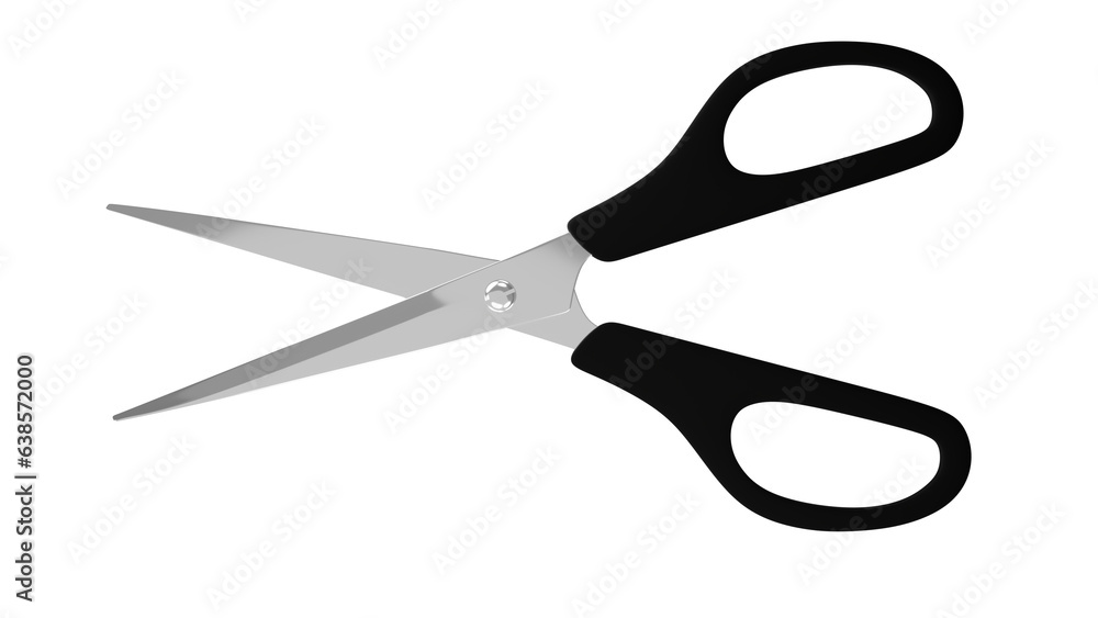 Opened steel scissors with black handle isolated on transparent and white background. Scissors concept. 3D render Opened steel scissors with black handle isolated on transparent and white background. Scissors concept. 3D render