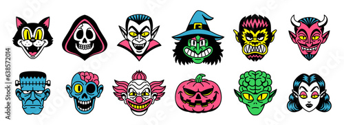 Vector Retro Cartoon Funny Monsters Heads Halloween Set