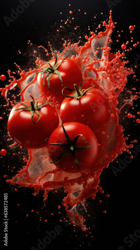 Fresh Red Tomatoes Splash. Tomatoes Regulate Blood Pressure. Tomato sauce explosion.