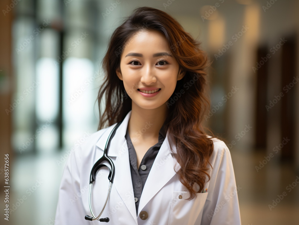 Portrait of friendly female doctor in workwear with stethoscope on neck Portrait of friendly female doctor in workwear with stethoscope on neck