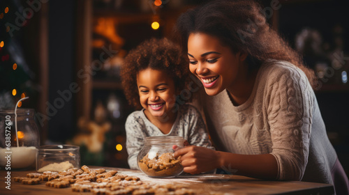 Celebrating Together: Christmas Cookie Fun with Dark-Skinned Mother and Son