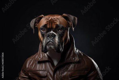 Stocky dog boxer in a brown leather jacket on a black background